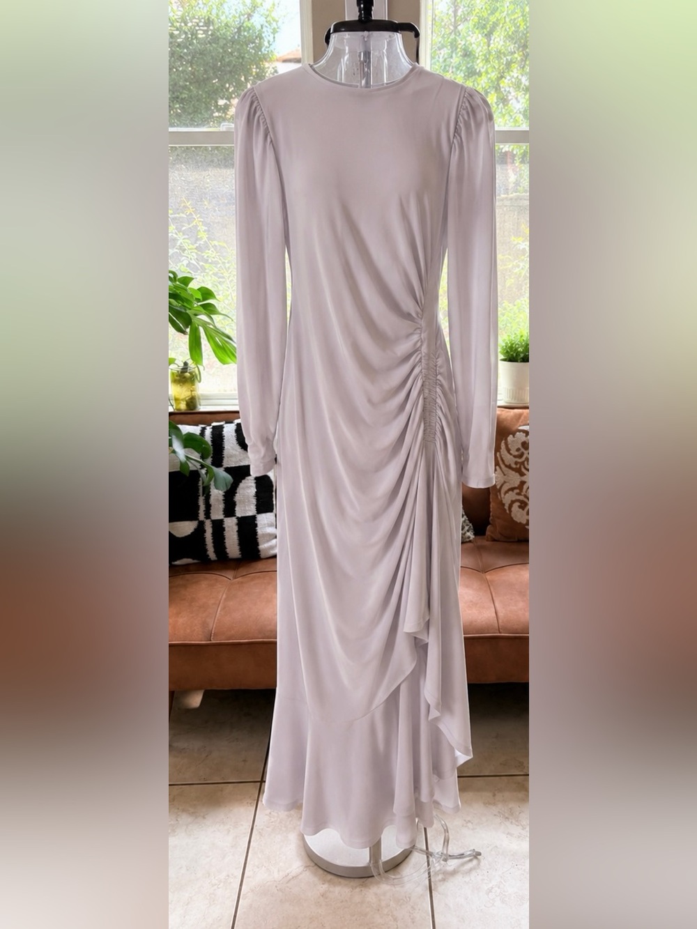 Express light grey velvet Long Sleeve Ruched Maxi Dress